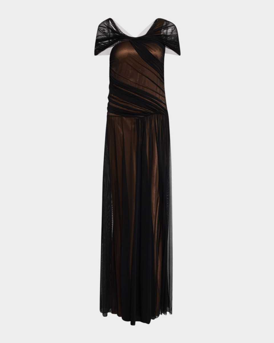 Mesh Off-The-Shoulder Satin Gown